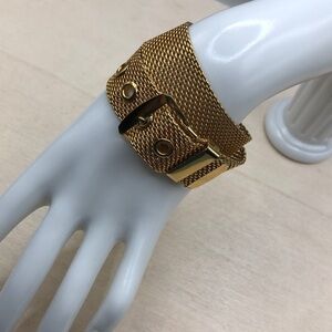 Vintage gold tone long wrap mesh chain bracelet buckle belt style.
